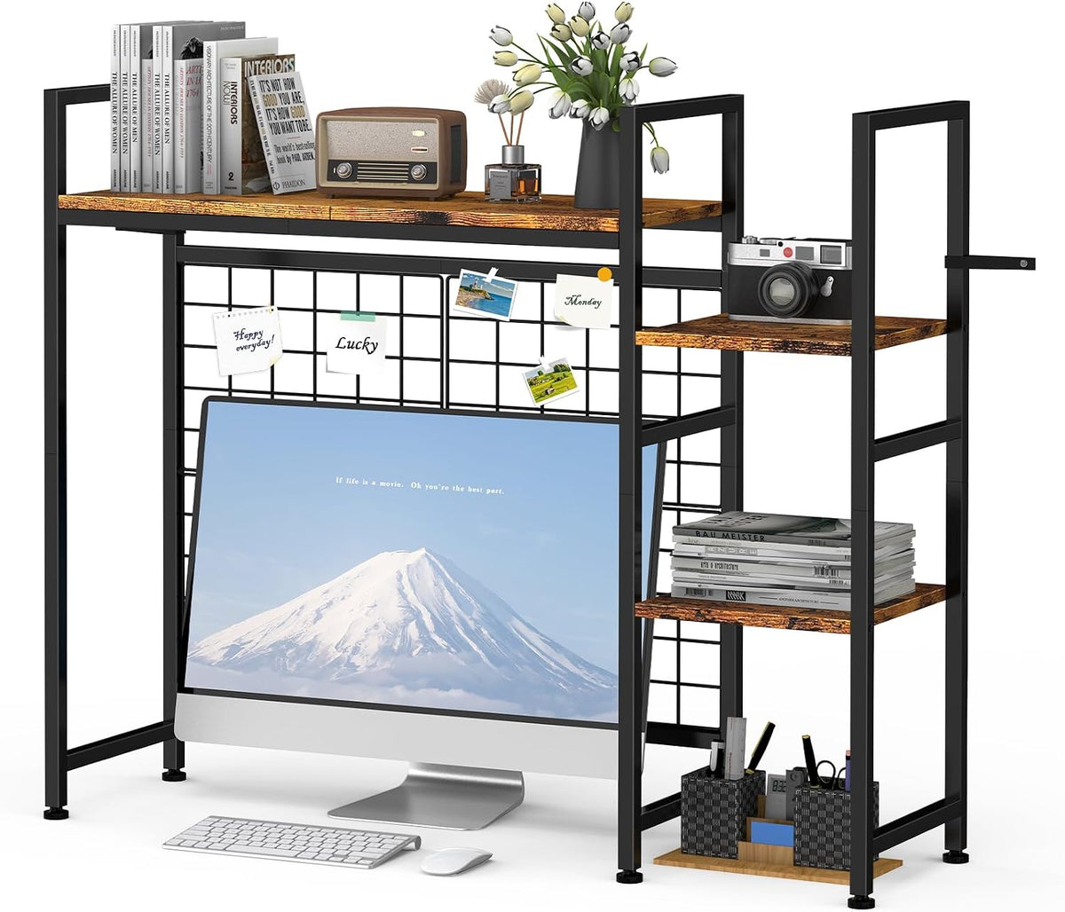 YBING Desk Shelf for Top of Desk Hutch - 4 Tier Computer Bookcase, Brown Wood Desktop Display Storage Rack Organizer for Home Office, Dorm