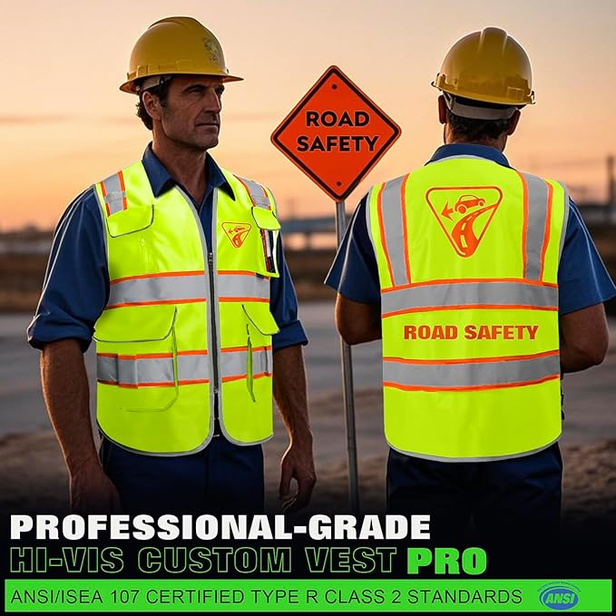 BeautyWill Custom Logo 10 Pockets Safety Vest Class2 ANSI Certified High Visibility Reflective Vest