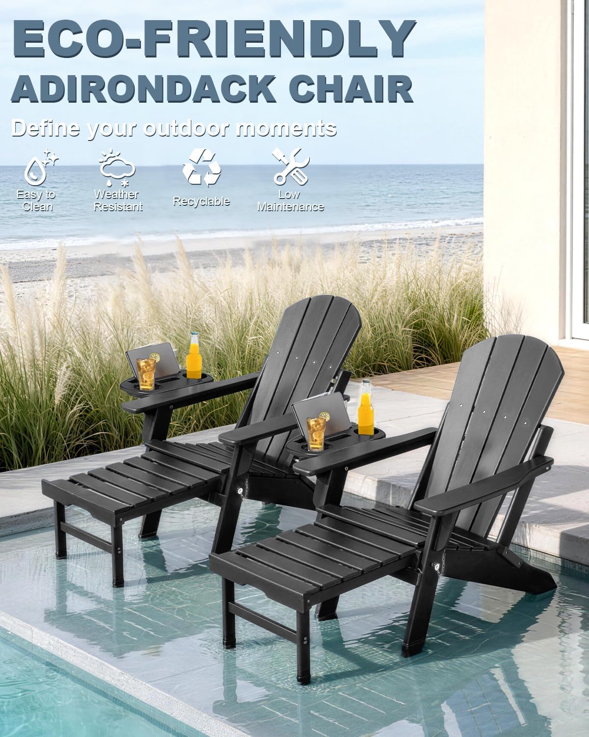 NAVINE Adjustable Adirondack Chair Set of 2 with Retractable Ottoman, Black