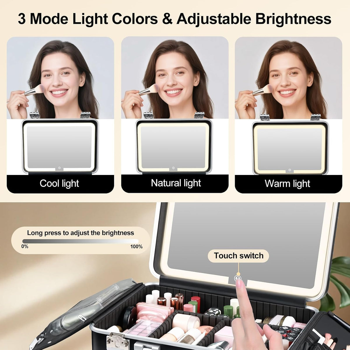 BEAUTY CASE Makeup Case with LED Mirror, 16 inch PC and Aluminum Shockproof Hard Shell Cosmetic Organizer Case, Portable Travel Vanity Box with Brush Board, Combination Lock, Black