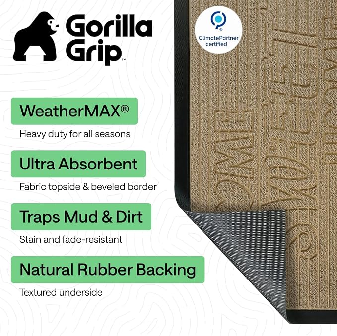 GORILLA GRIP 100% Waterproof All-Season WeatherMAX Doormat, US Designed Natural