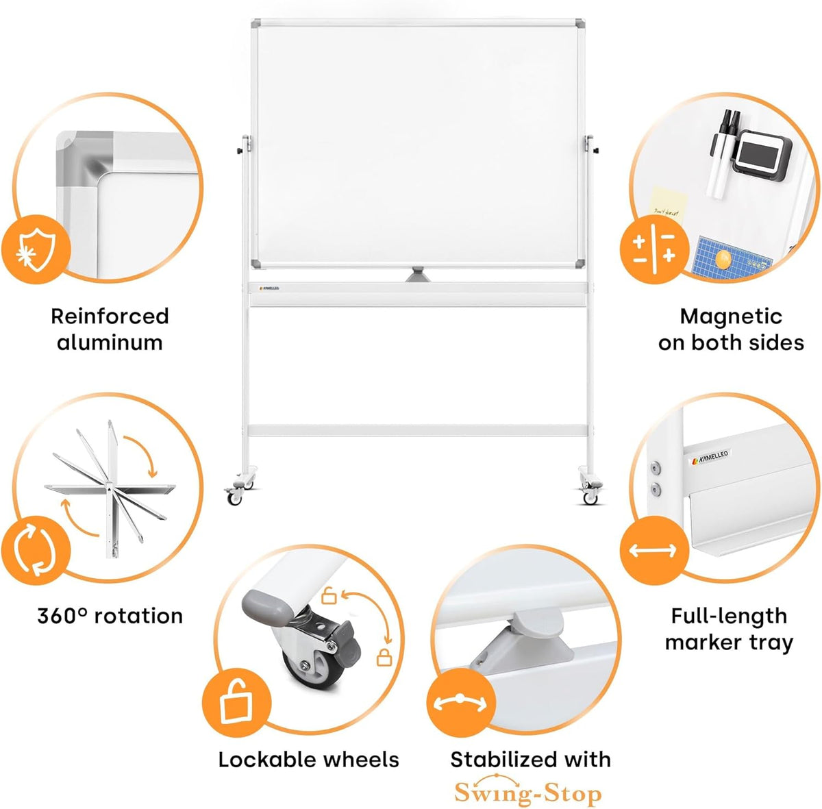 Kamelleo Rolling Whiteboard on Wheels 48" x 36", Double Sided White Board