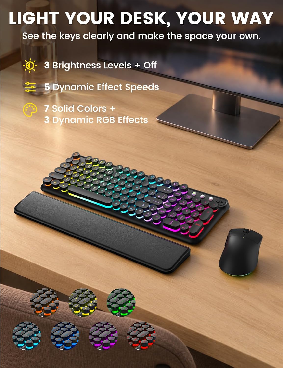 SABLUTE RGB Backlit Wireless Keyboard and Mouse Combo with Retro Round Keys