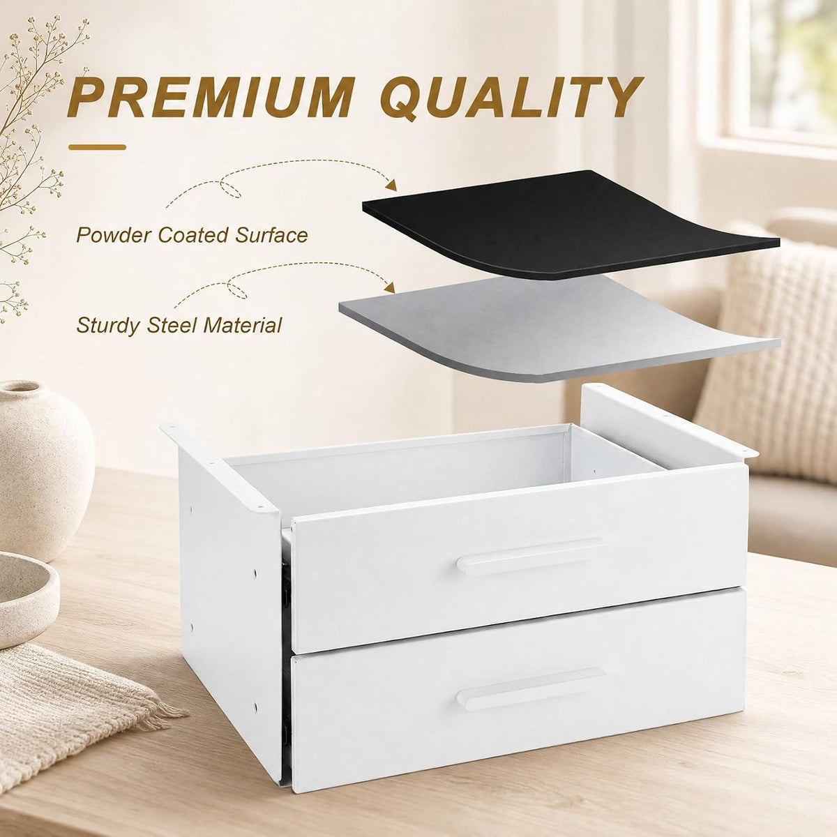 Menkxi 16'' Under Desk Drawer Slide-out Steel Under Counter Drawers Storage Organizer Large Hidden Pull-out Tray for Table Desks Home Office Workstation(White,2 Layer)