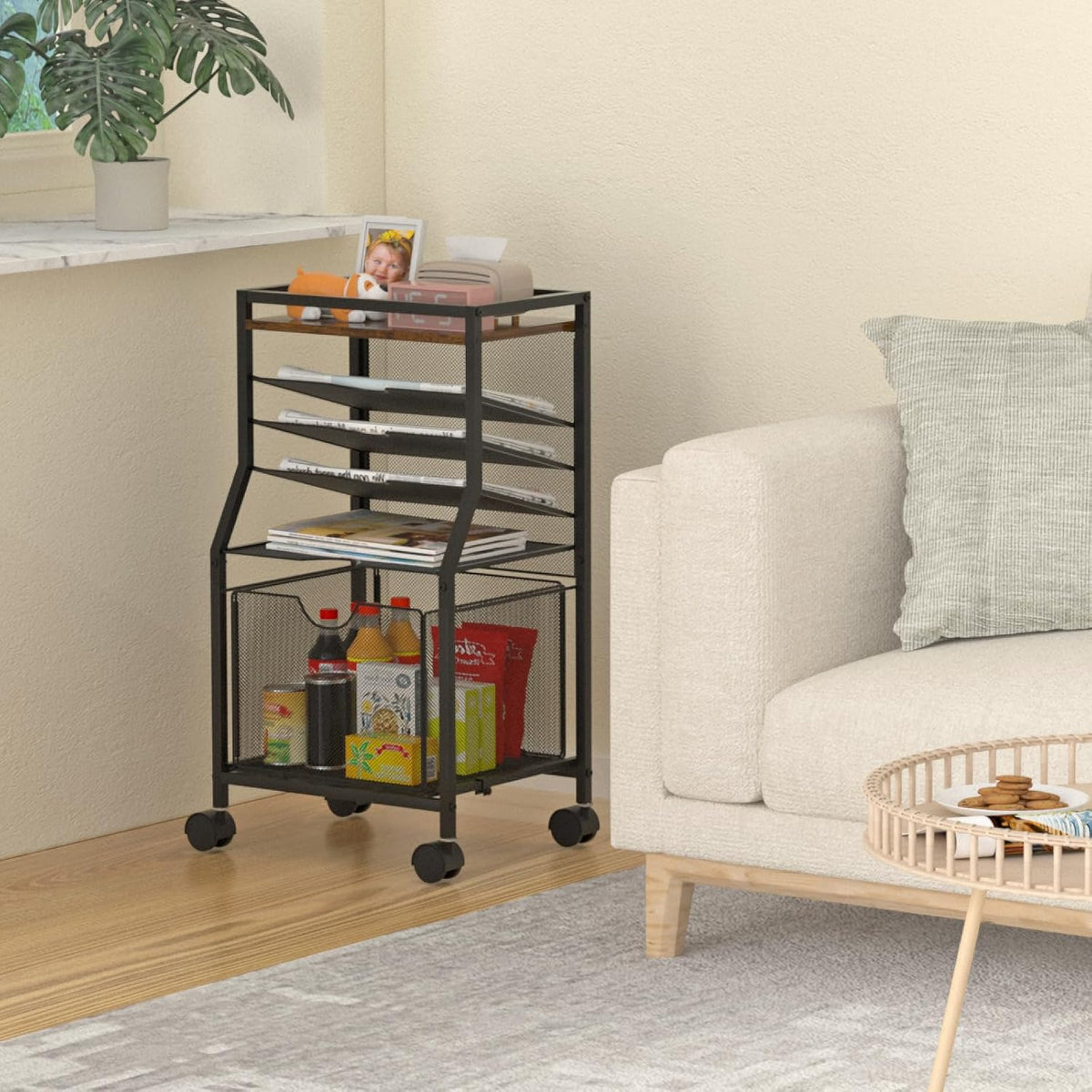 BOHDK Rolling File Cart, 6-Tier Desk File Organizer on Lockable Wheels, Brown Wood Planks & Mesh Sliding Hanging Folder Drawer, Organization Cart for Office Home School