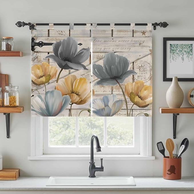 Spring Tulips Flower Kitchen Curtains 45 Inch Length, Short Cafe Window