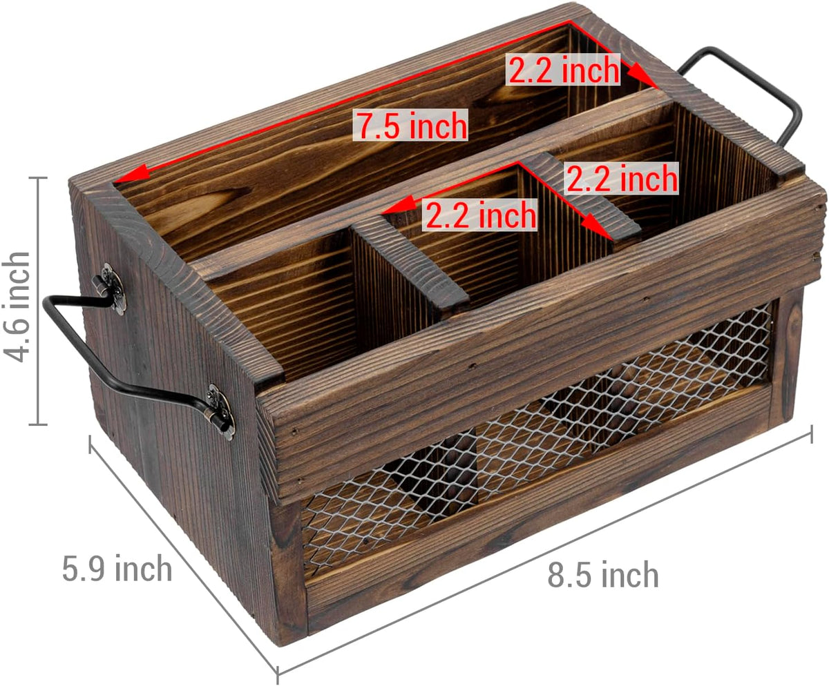MyGift Rustic Brown Wood Utensil & Napkin Caddy with Black Metal Handles