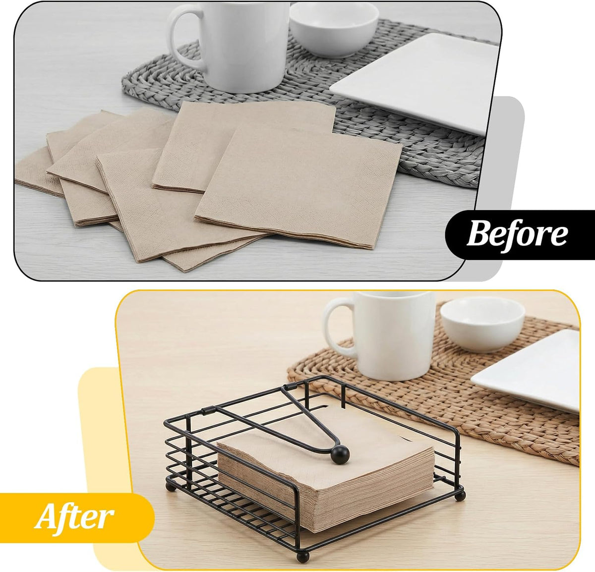 4 PCS Black Metal Napkin Holders for Paper Napkins Weighted Arm Flat Cocktail Napkin Dispenser for Kitchen Table Outdoor Farmhouse Restaurant Decor, No Assembly Needed