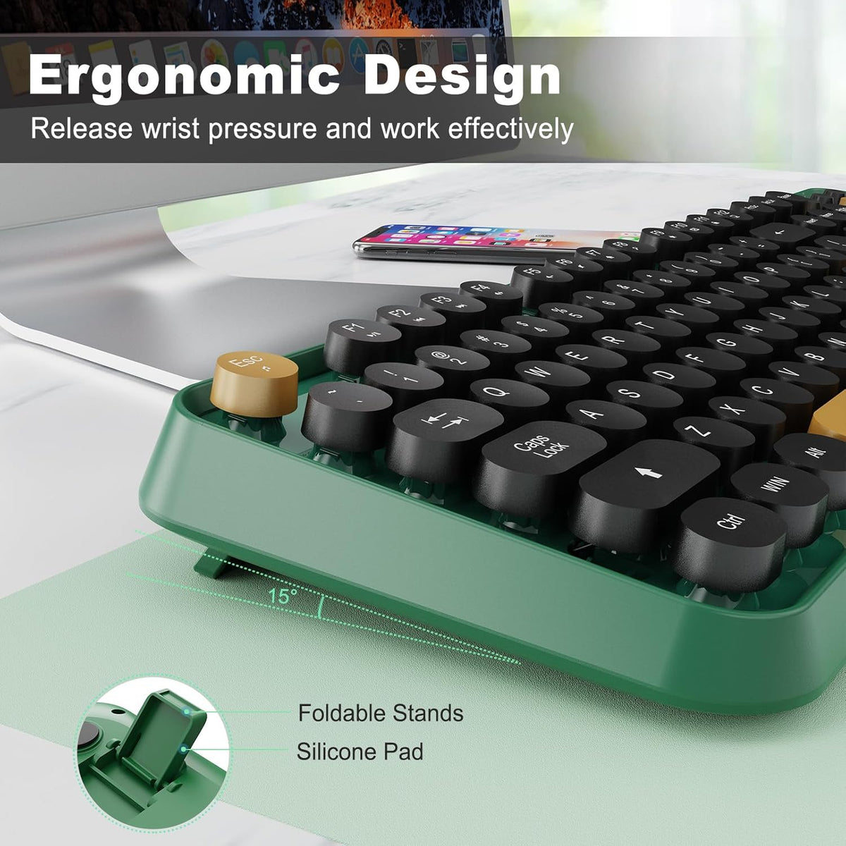 FD Wireless Keyboard and Mouse | Cute Colorful Keyboard and Mouse with 2.4GHz Cordless Retro Typewriter Keyboard | Auto-Sleep | USB Receiver for Windows PC/Laptop - Green Colorful