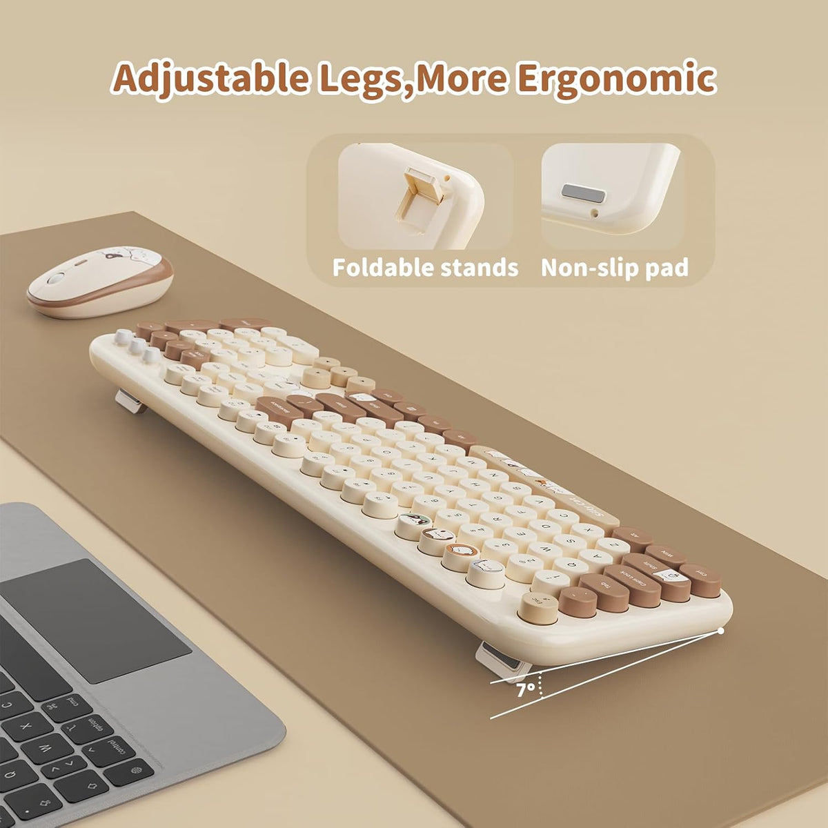 Wireless Keyboard and Mouse Combo, 2.4GHZ Typewriter Retro Full Size Keyboards, Cute Colorful Computer Keyboard and Wireless Mouse for Laptop/Desktop/Windows/PC (Milk Tea Colorful)