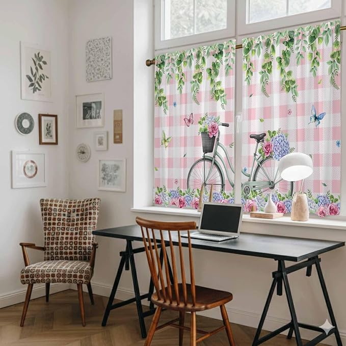 Spring Kitchen Curtains, Bicycles Leaves Butterfly Flowers Pink Buffalo Plaid