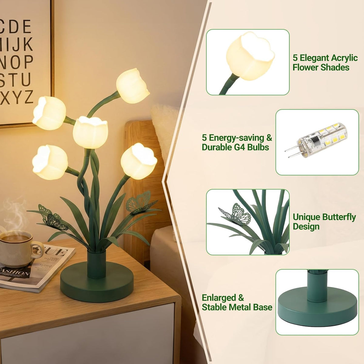 Adjustable Gooseneck 5 Lily of The Valley Flower Table Lamp with Butterfly