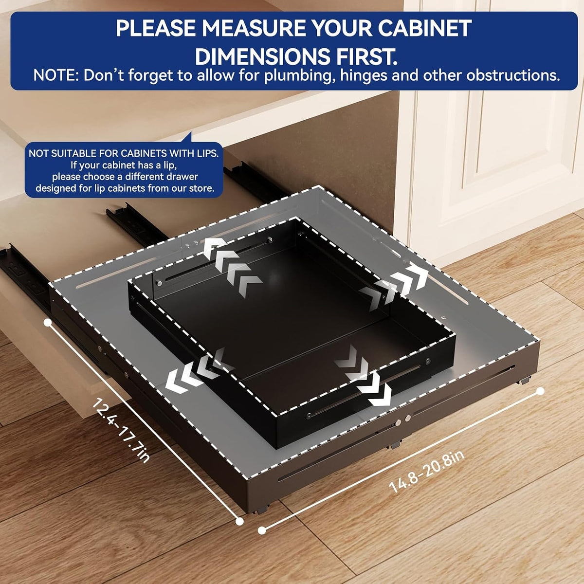 Pull out Cabinet Organizer, Full Metal Expandable Width (14.8"-20.8") & Depth (12.4"-17.7") Adjustable Slide out Drawers, No Drill Adhesive Roll out Shelves for Kitchen Pantry, Black
