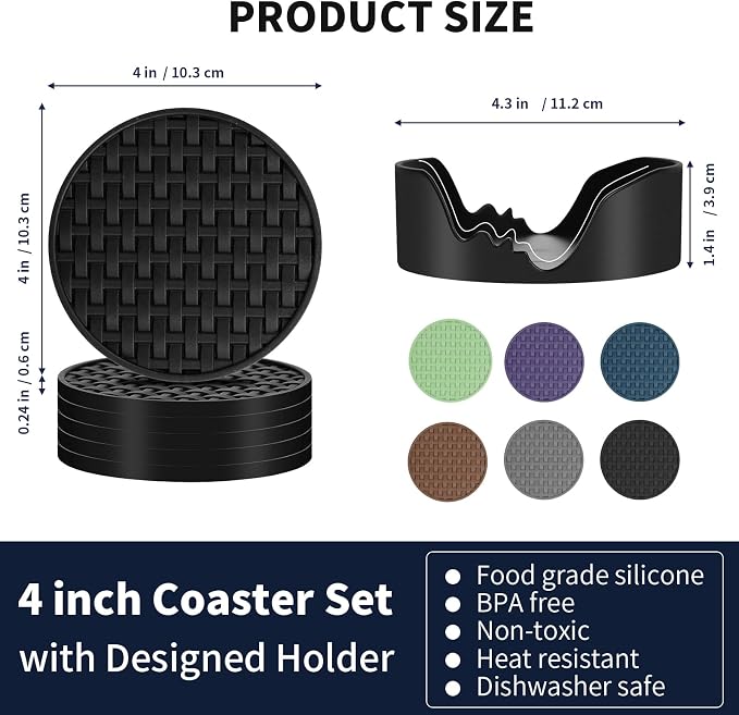 4 Inch Black Silicone Drink Coaster Set of 6, Heat-Resistant Non-Slip Mats |
