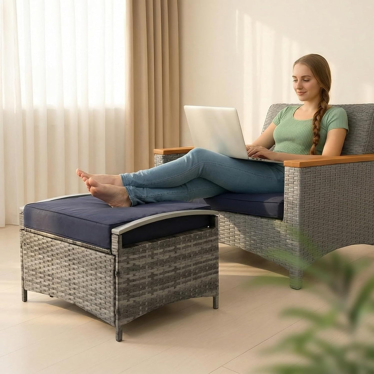 VINGLI 2 Pieces Rattan Ottoman with Storage, Wicker Patio Furniture w/Removable Cushion, Multipurpose Footrest Stool for Outdoor (Classic Gray)