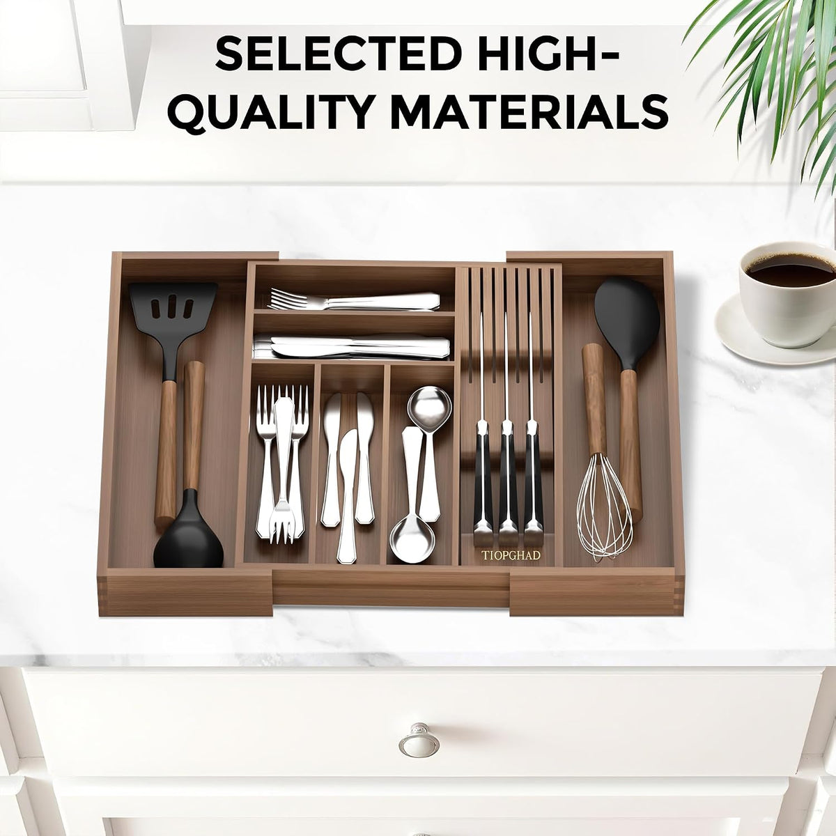 TIOPGHAD Expandable Bamboo Silverware Organizer with Knife Block, Brown
