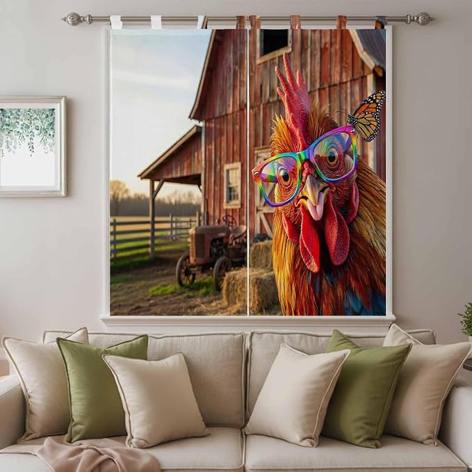Farm Rooster Living Room Curtains 84 Inch Length, Window Curtains Tab Top