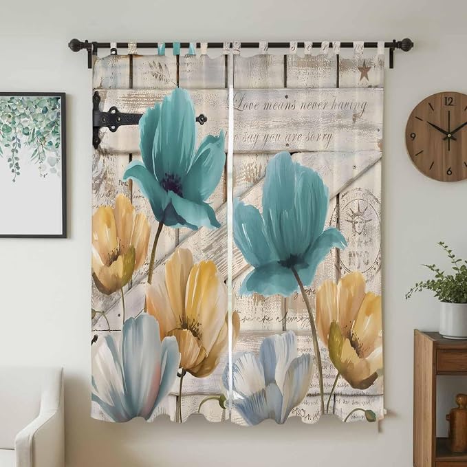 Watercolor Flowers Living Room Curtains 84 Inch Length, Window Curtains Tab Top
