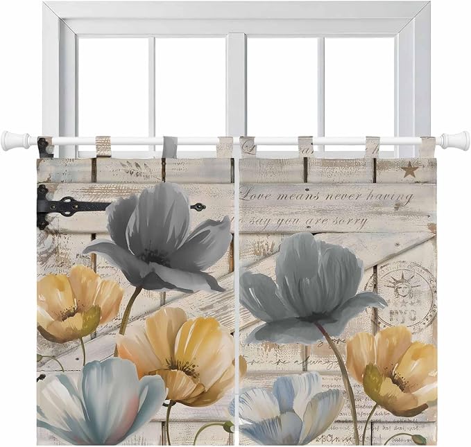 Spring Tulips Flower Kitchen Curtains 45 Inch Length, Short Cafe Window