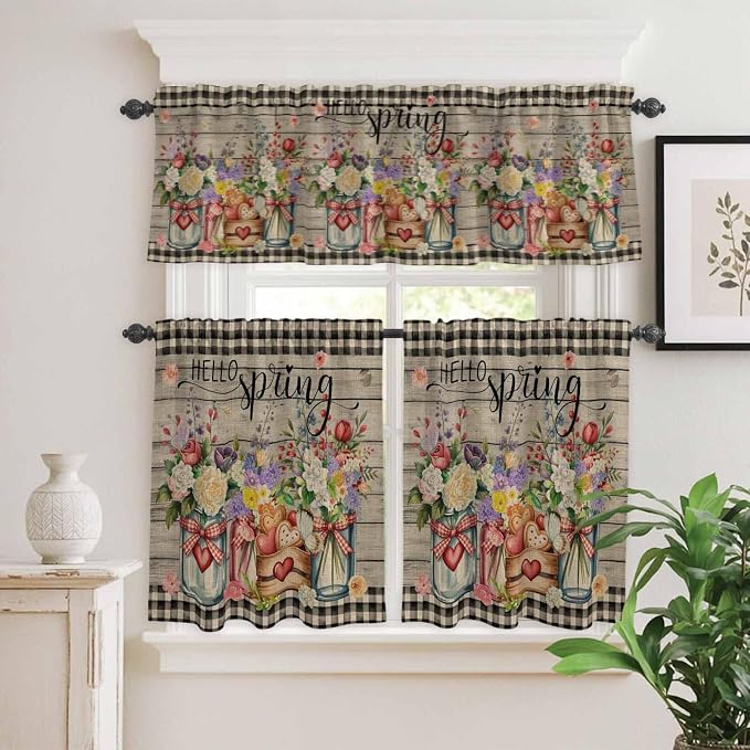 Spring Flowers Kitchen Curtain Set, Farmhouse Vintage Black Plaid Wood Grain