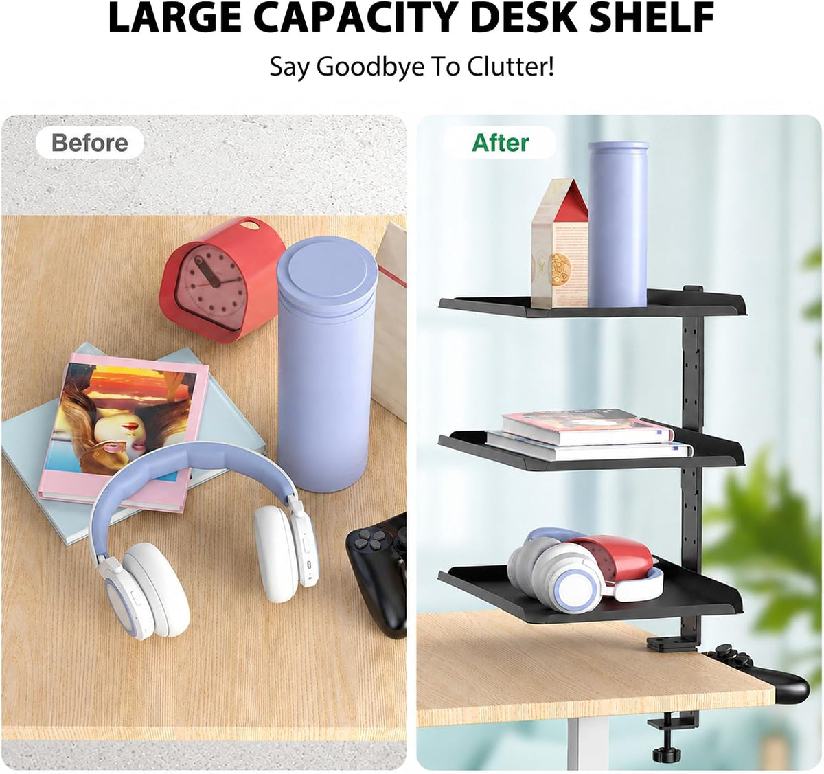 3 Tier Clamp On Desk Shelf, No Drill Desk Extension Shelving Unit with Adjustable Metal Trays & Headphone Stand Above or Under Desk Storage, Heavy Duty Desktop Storage Rack for Home Office
