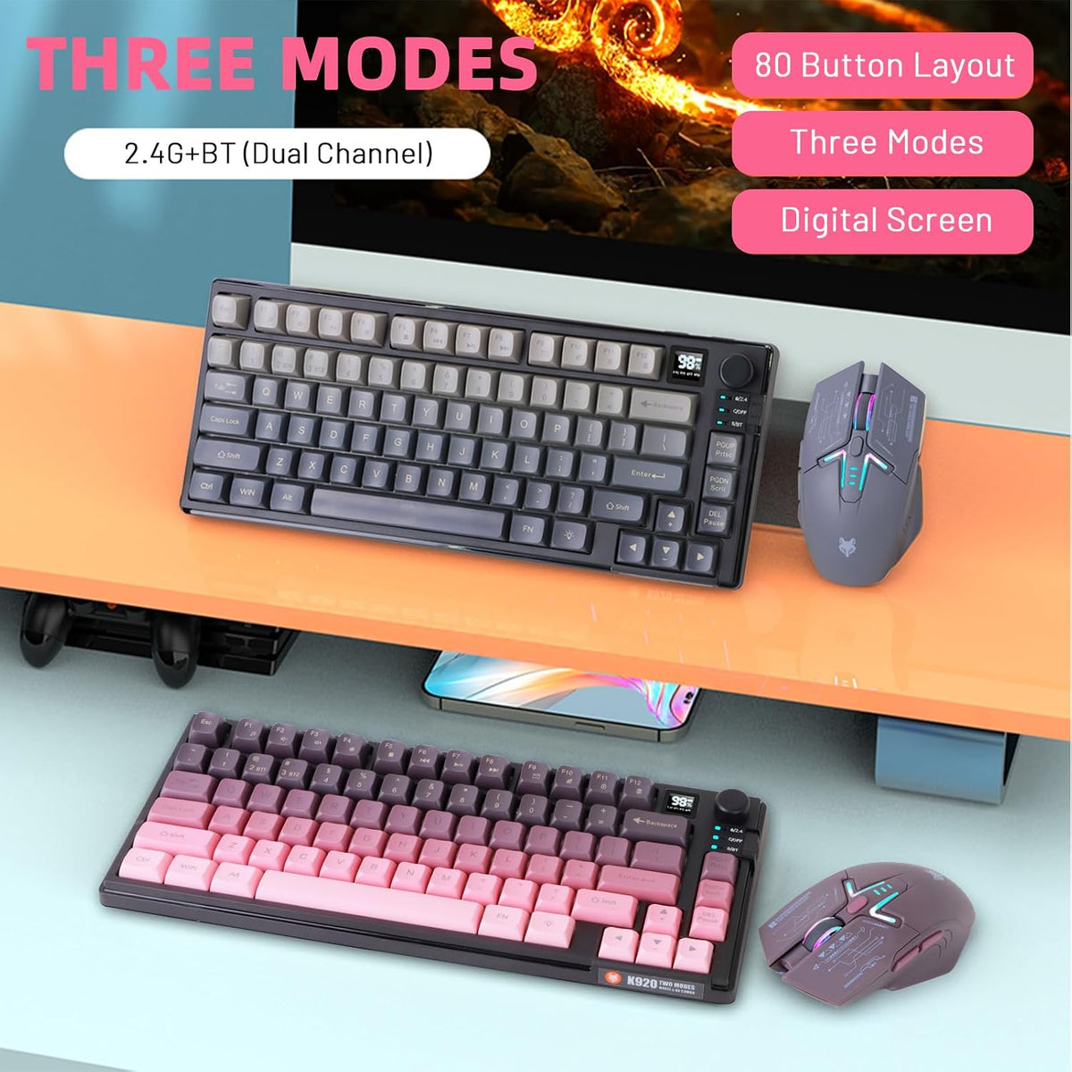 75 ％ Wireless Gaming Keyboard and Mouse Combo, Tri-Mode BT5.0/2.4GHz/USB-C, RGB Backlit Keyboard + 3D 1600DPI Mice, 2000mAh Battery, 80 Keys, Knob Volume Control (Gradient Pink)
