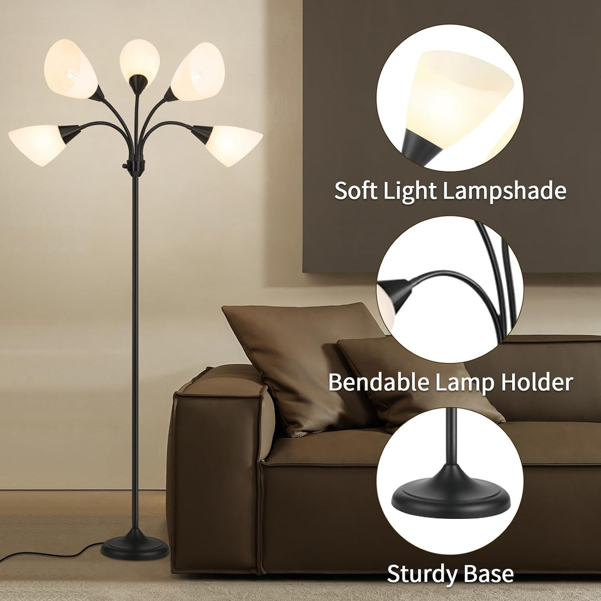 HonoDing Medusa Floor Lamps Standing Lamps 5 Heads Adjustable Reading Light Large Shade Use E26 A19 Bulb Floor Lamps for Living Room Bedroom (Black)