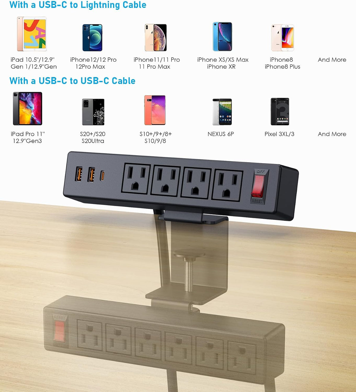 VILONG Dual Layer Desk Clamp Power Strip, 20W USB-C, 700J Surge Protector