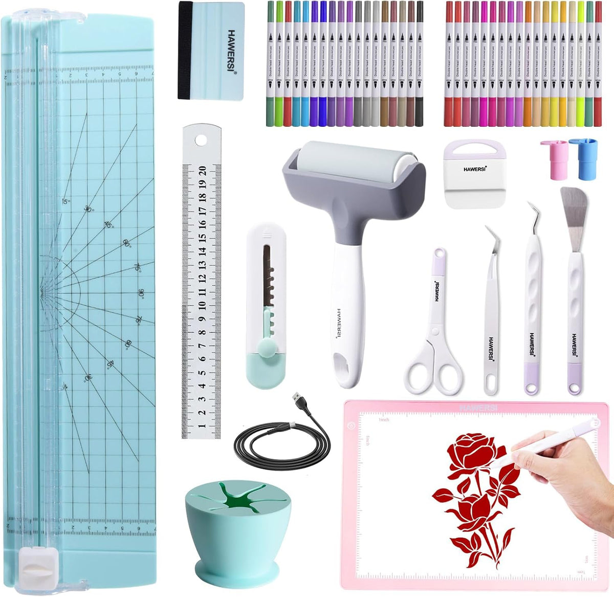 HAWERSI Essential Craft Tools Set for Cutting Machine,Weeding Tools for Vinyl,Paper Cutter,Light Pad,Vinyl Weeding Scrap Collector,Brayer Rollers,Craft Accessories Bundle for Craft Projects