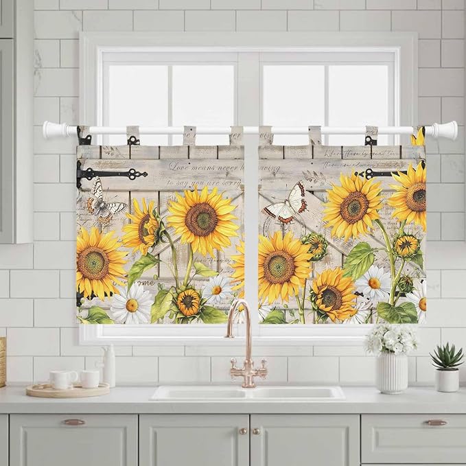 Farm Flowers Kitchen Curtains 36 Inch Length, Small Window Curtains Tab Top