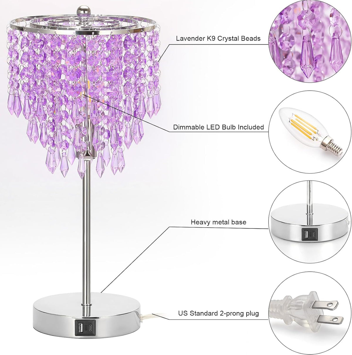 USB Bedside Crystal Lamp, 3 Way Dimmable Touch Nightstand Lamp with USB C+A Charging Ports, Lavender Table Lamps Decorative Accent Lamps Silver for Bedroom, Living Room, Office, B11 LED Bulb Included