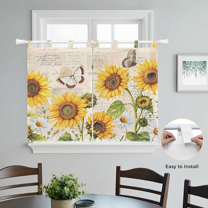 Yellow Sunflowers Kitchen Curtains 45 Inch Length, Short Cafe Window Curtains