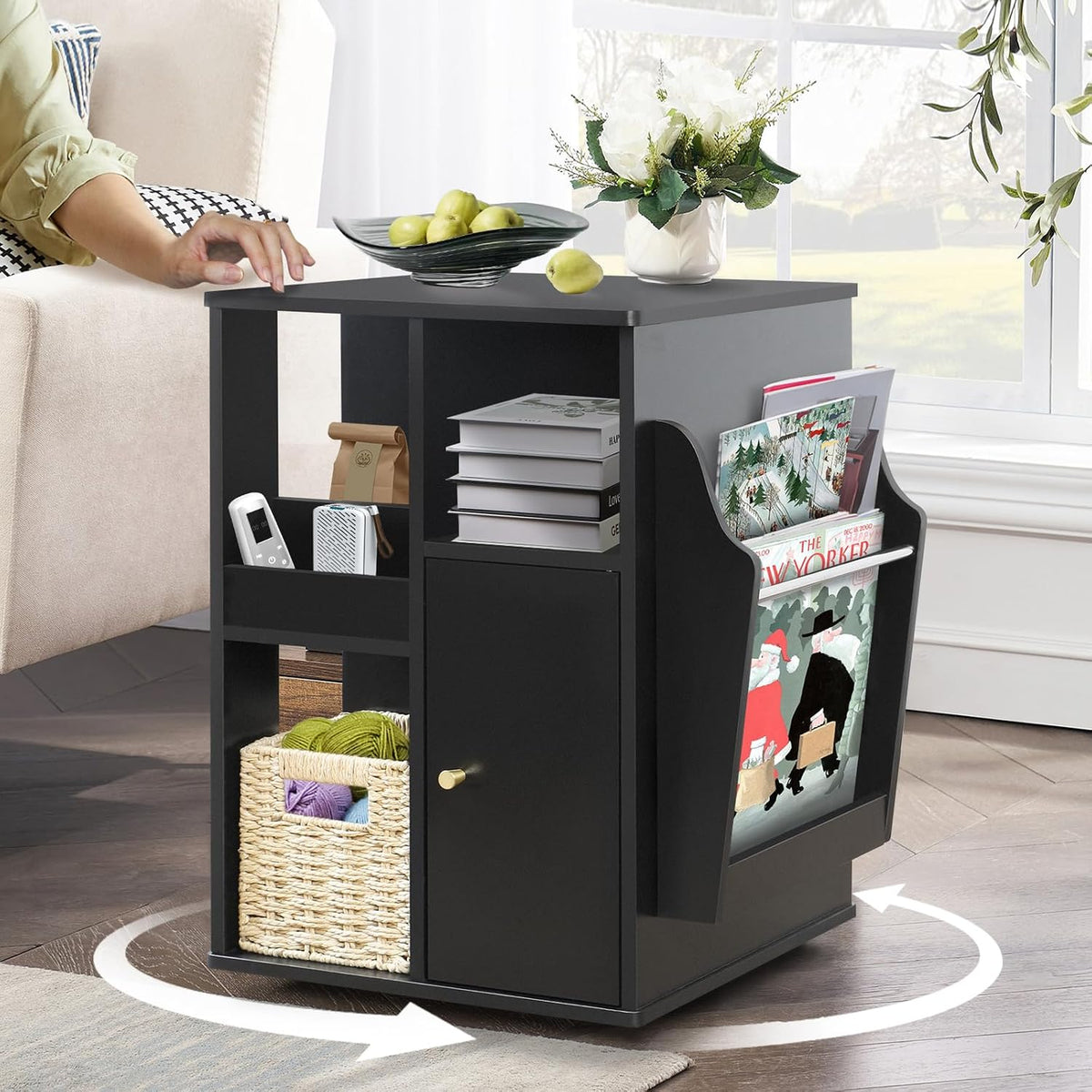 Square Rotating End Table with Storage, 16"D x 16"W x 23.3"H, Black