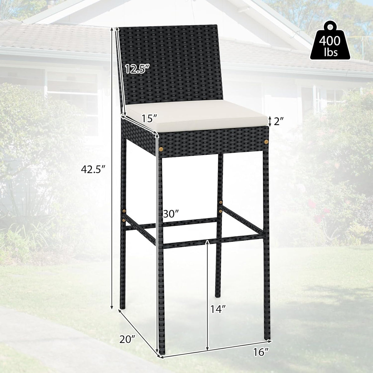 Tangkula Set of 2 Patio Wicker Barstools, Outdoor Bar Height Chair w/Soft Seat Cushion & Cozy Footrest, Heavy-Duty Metal Frame, 400 lbs Max Load, Mix Brown Rattan Bar Chair for Backyard, Balcony