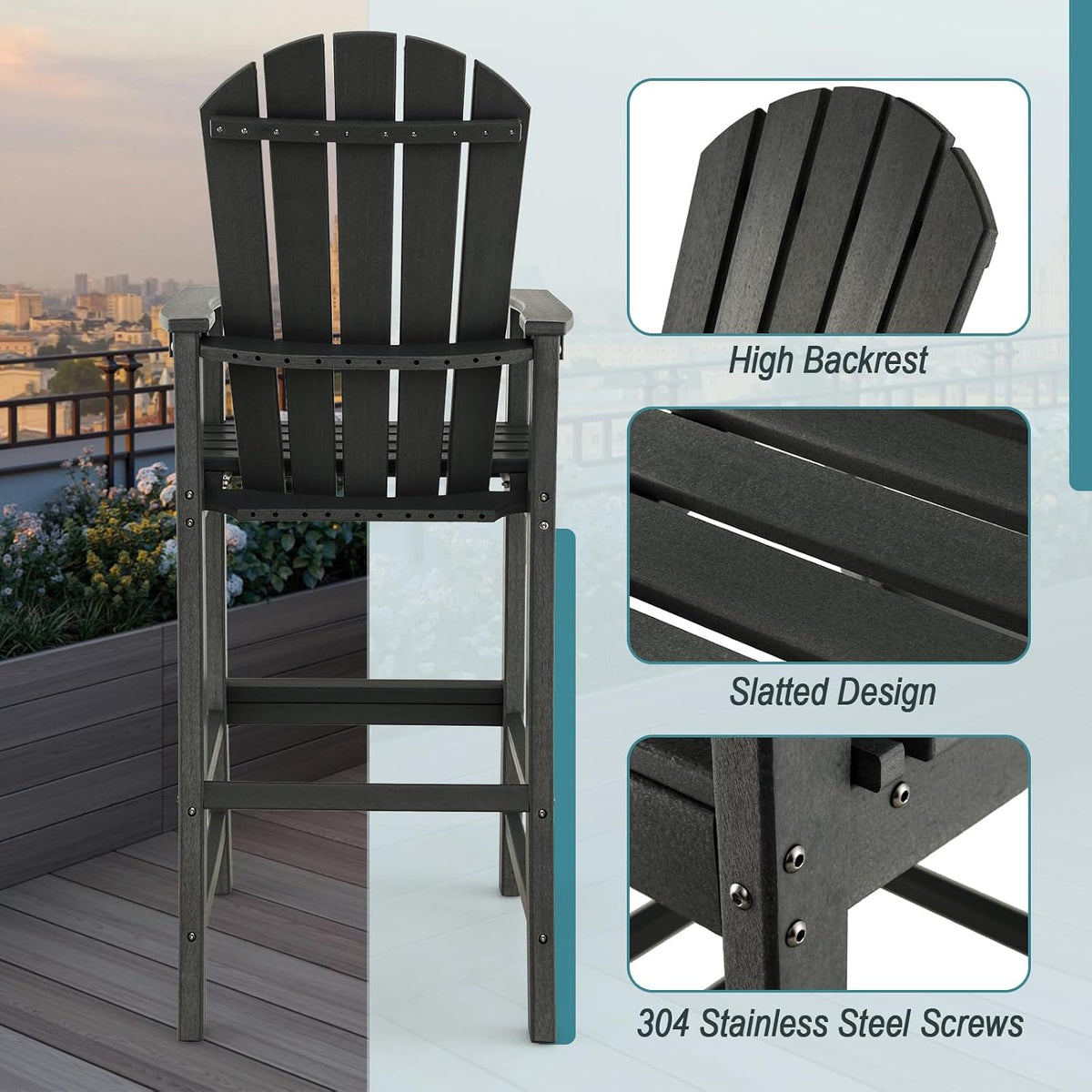 GIANTEX Outdoor HDPE Bar Stool, Tall Adirondack Chair with Armrests and Footrest, 30 Inches Counter Height Bar Stool for Garden, Backyard, Weather Resistance, Easy Maintenance (1, Black)