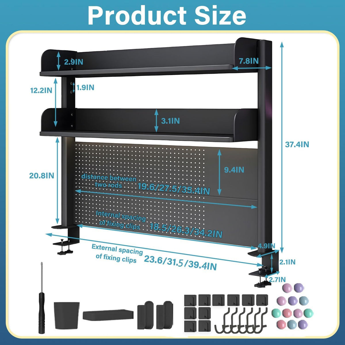 Clamp On Desk Pegboard Shelf, Black, 23.6in