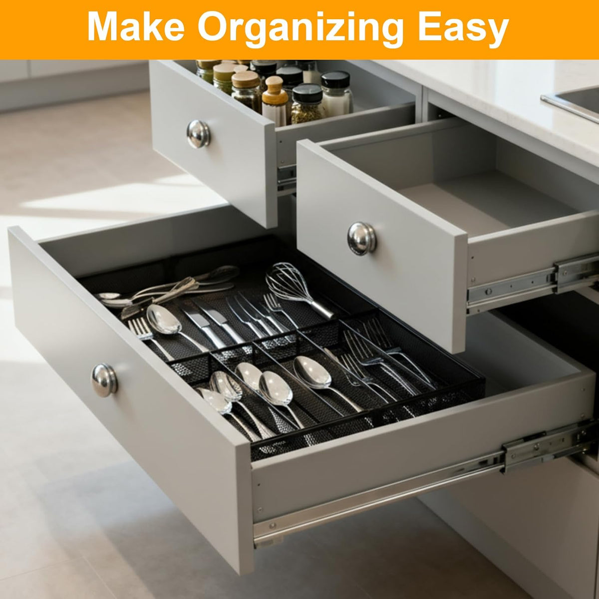 1 Pcs Utensil Drawer Silverware Organizer, Metal Mesh, Black