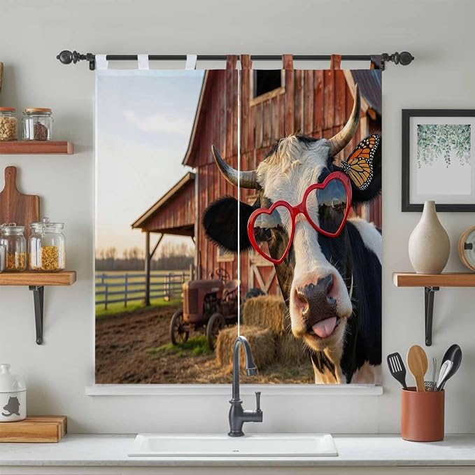 Farm Cows Bathroom Curtains 63 Inch Length, Window Curtains Tab Top, Farmhouse