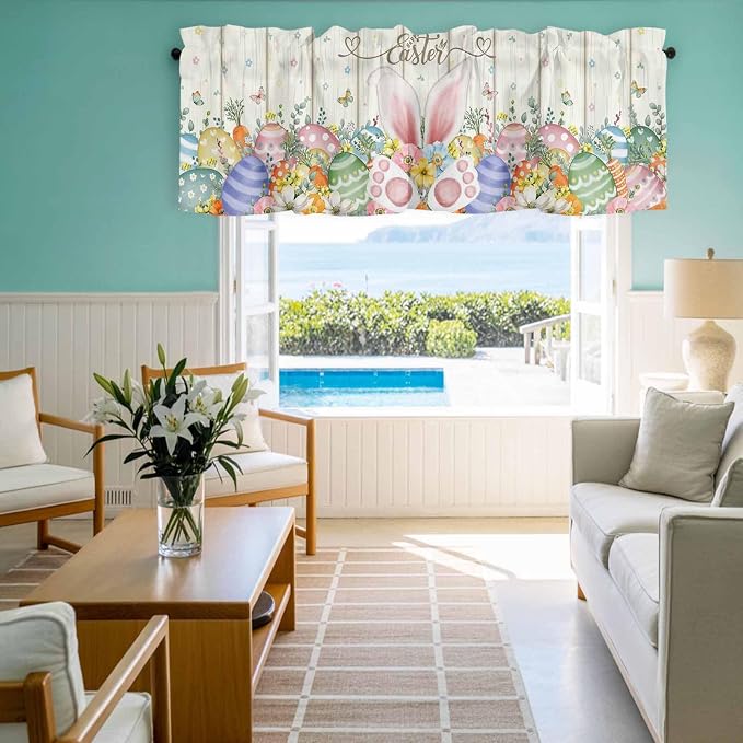 Happy Easter Curtain Valances for Windows, Kitchen Valance Window Treatment