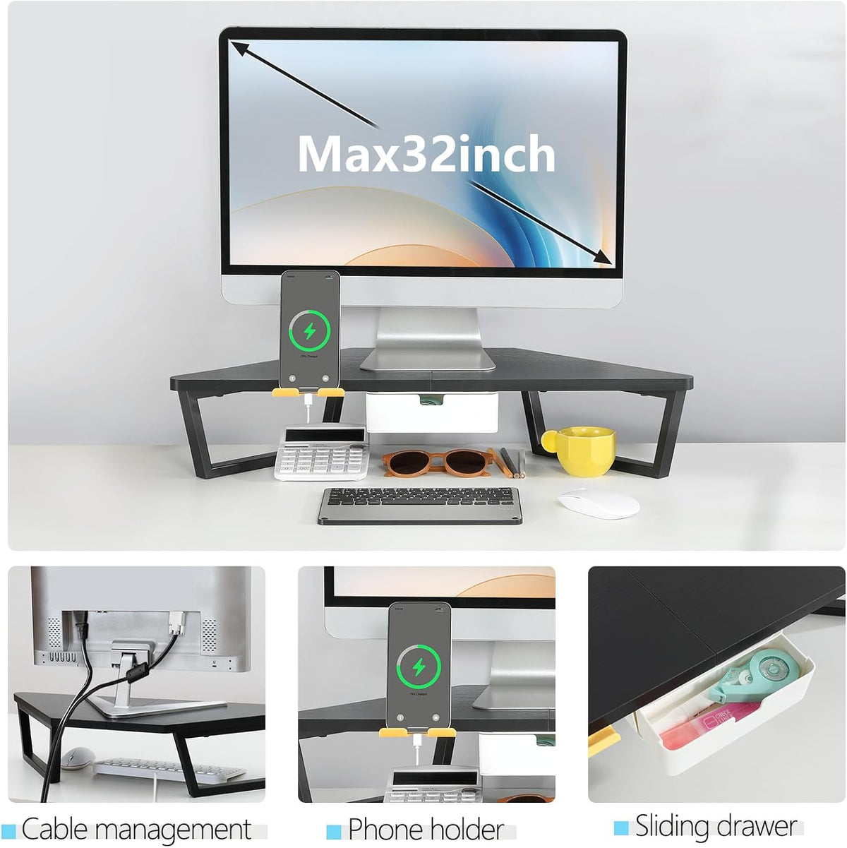 TEAMIX Corner Monitor Stand with Drawer and Phone Holder, 26x12.6x5.3in