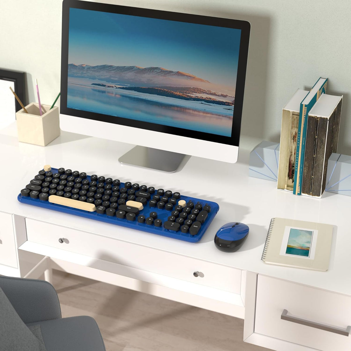 Retro Wireless Keyboard and Mouse Combo with Wrist Rest (Klein Blue)