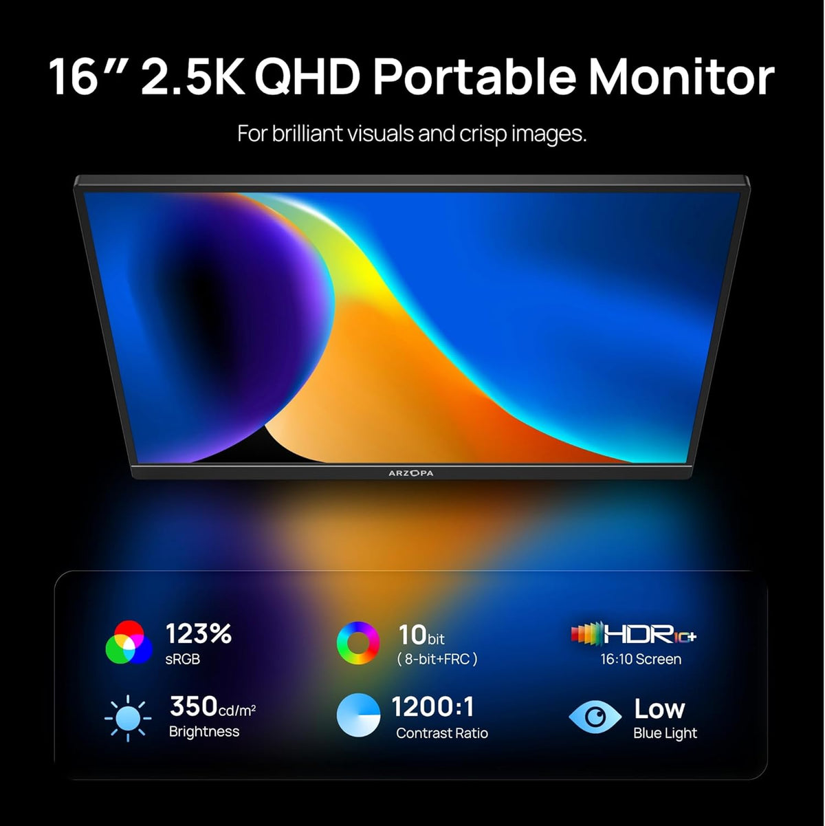 ARZOPA 16" 2.5K Portable Monitor, 2560x1600 QHD IPS Display 123% sRGB