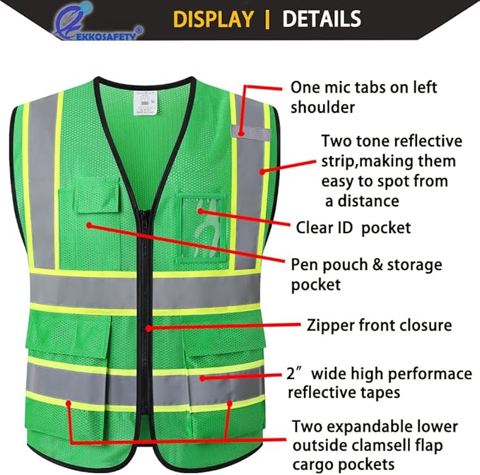 Reflective Mesh Safety Vest for Men Women with 5 Pockets and Zipper Front High Visibility Mesh Vest Hi Vis Construction Work Vest,Meets ANSI/ISEA Standards(EK175-Green-2XL)