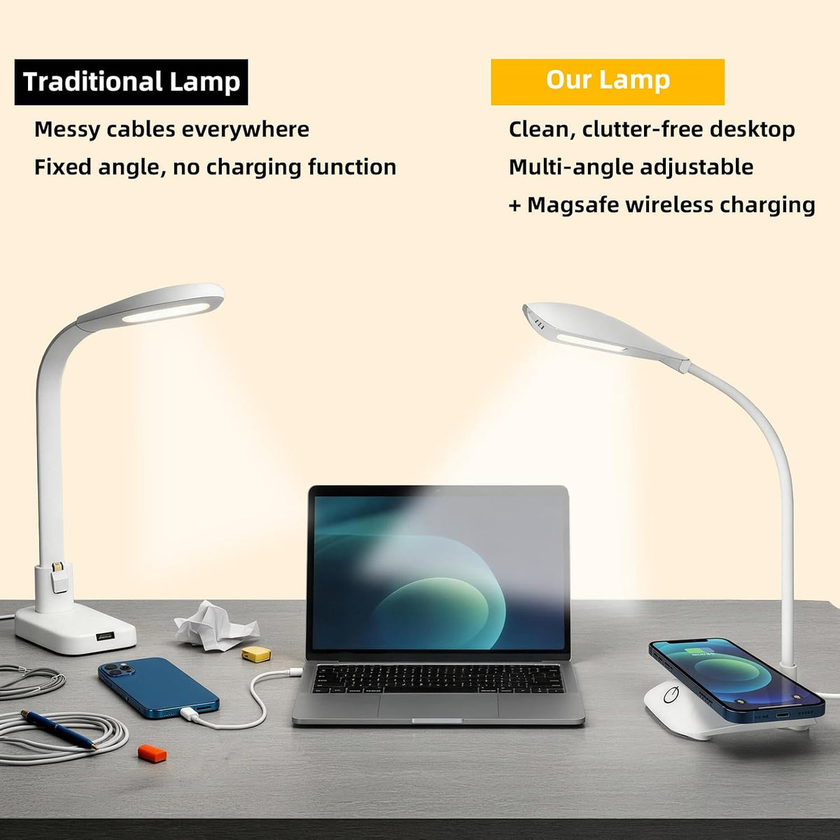 LED Desk Lamp with 15W Magnetic Wireless Charger, Stepless Dimming