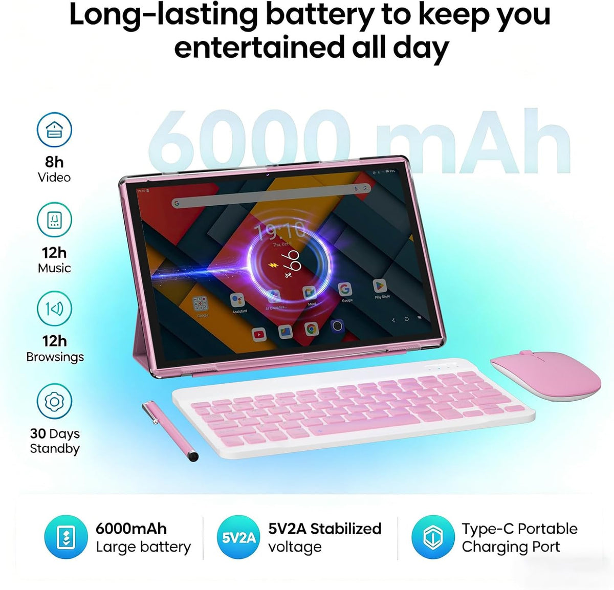 10 inch Tablet 2 in 1 Android 15 Tablets with Keyboard, 10" Tabletas Include Mouse Keyboard Stylus Case, 6000mAh 8GB RAM 32GB ROM Support 1TB Expandable Tableta Dual Camera 5G WiFi-6 Bluetooth Tablet