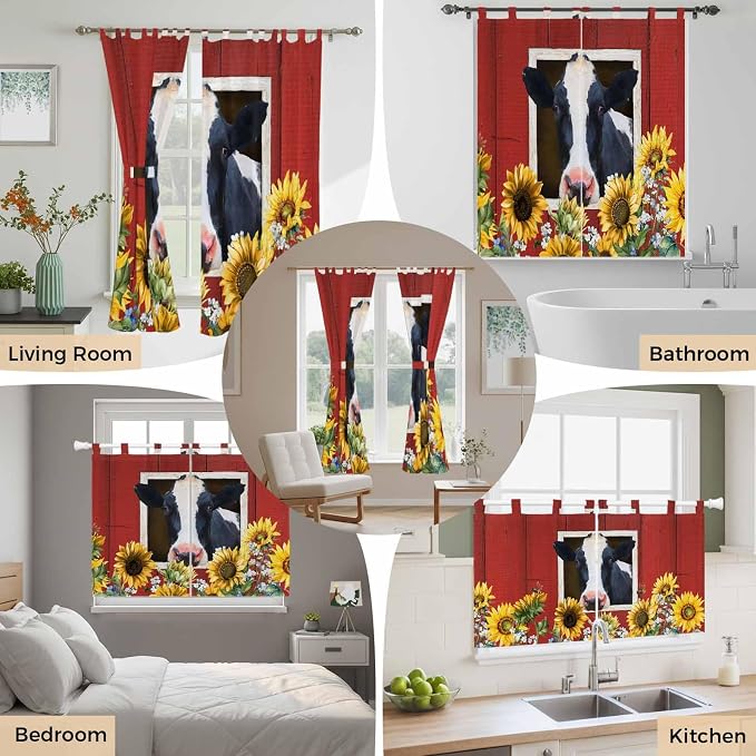 Cow Sunflowers Bedroom Curtains 72 Inch Length, Window Curtains Tab Top