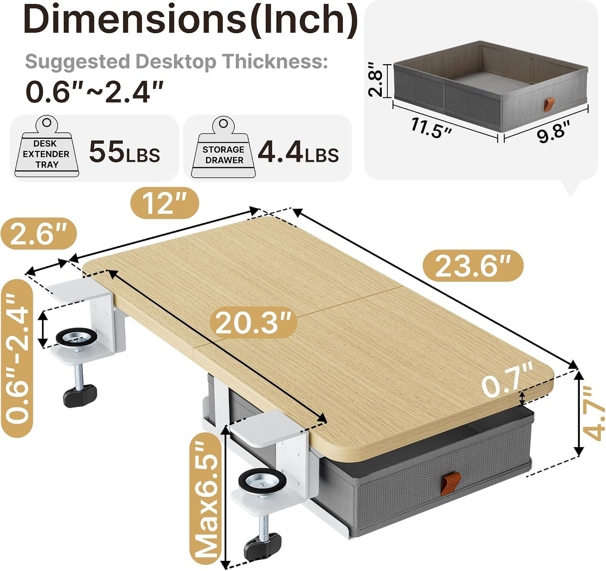 PEGZONE Desk Extender Tray, 24" x 12", with Storage Drawer, Medium, Wood