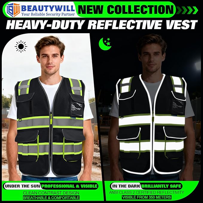 BeautyWill Custom Logo 10 Pockets Safety Vest Class2 ANSI Certified High Visibility Reflective Vest