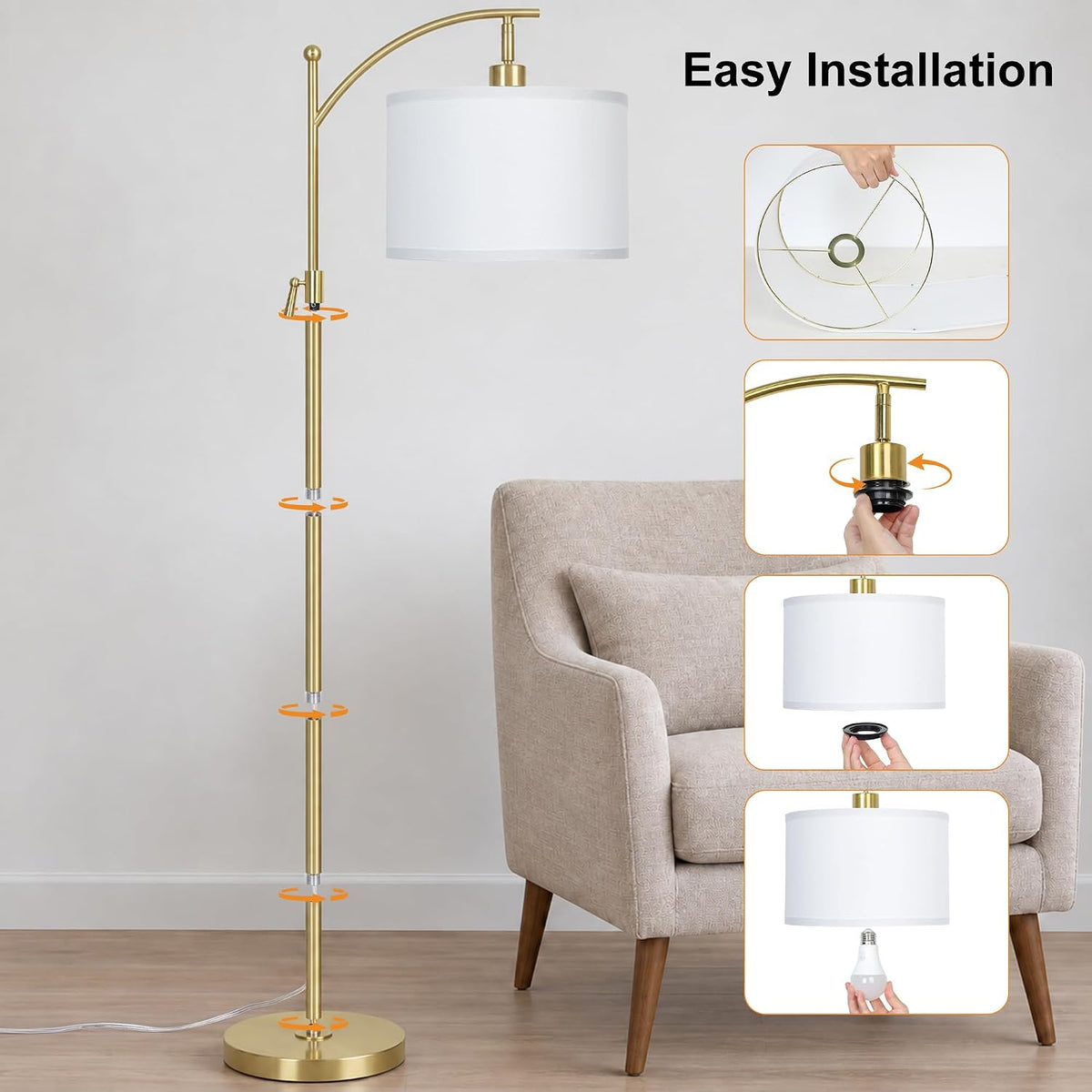 Upgraded Gold Arc Floor Lamp Adjustable Height 55-63in, 3 Color 9W LED Bulb