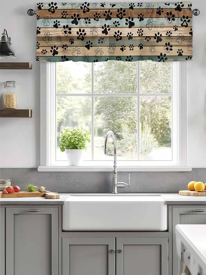 Dog Paws Valance Curtains for Kitchen, Teal Brown Wood Grain Privacy Rod Pocket